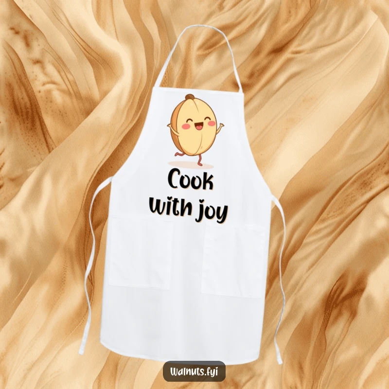 Funny happy walnut jig apron featuring a dancing walnut with tiny legs, humorous for cooking.