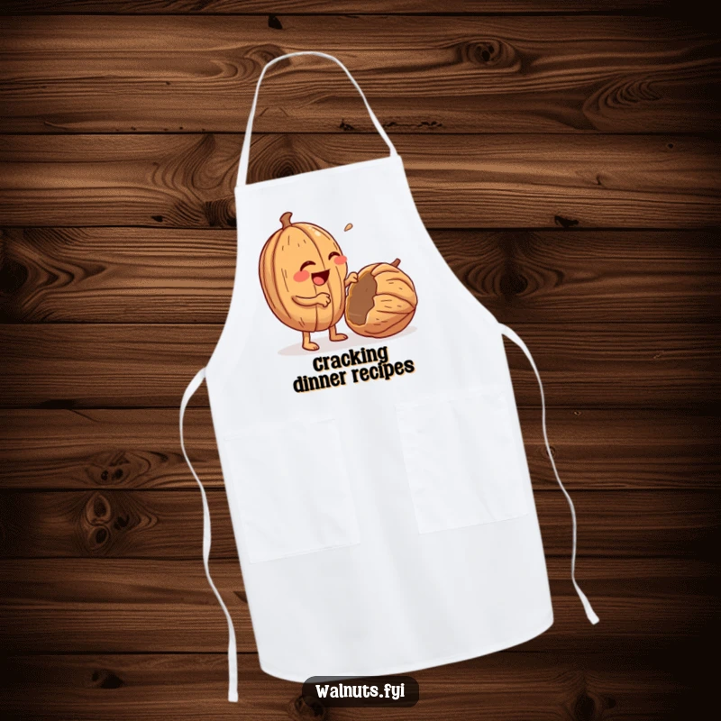 Funny kitchen apron with a giggling, anthropomorphic walnut character enthusiastically cracking open a walnut.