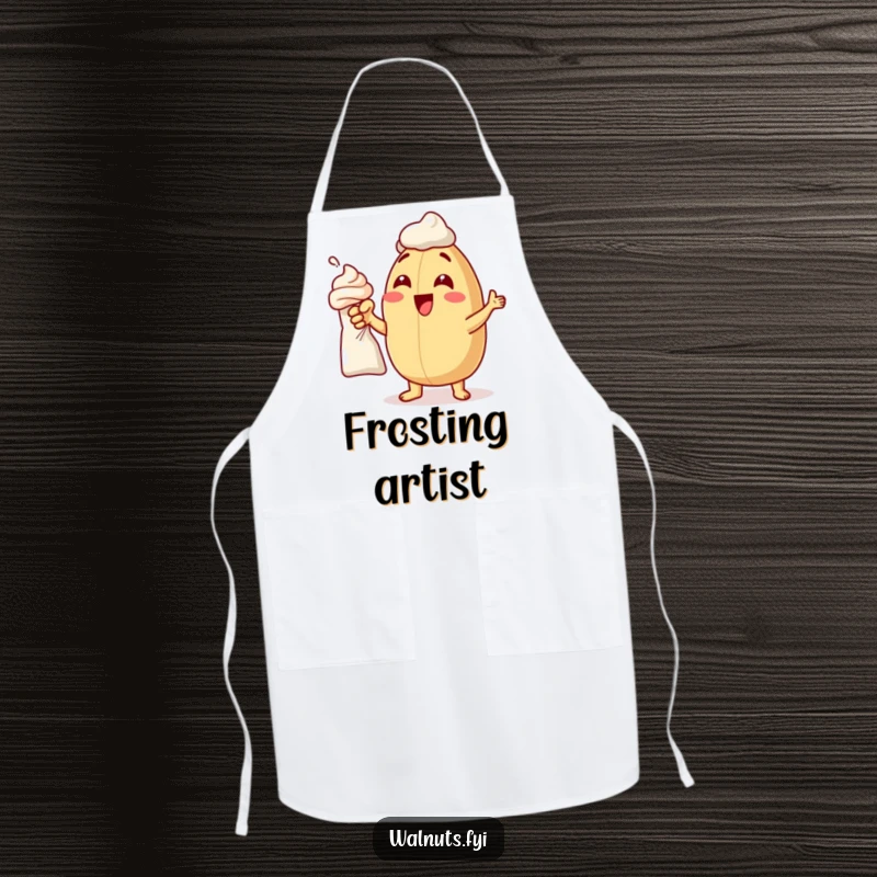 Funny apron depicting a delighted macadamia nut excitedly pointing at a frosting bag, a whimsical kitchen accessory.