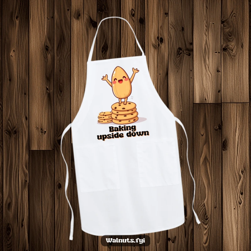 Funny apron depicting an amused almond doing a handstand on cookies, a whimsical and practical kitchen accessory.