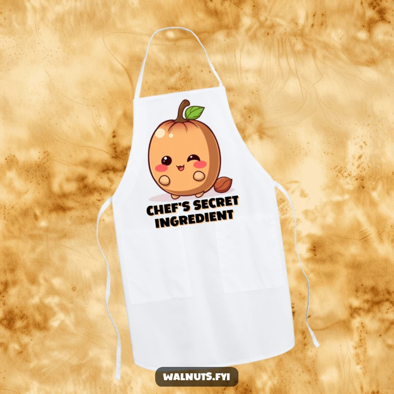 Funny chestnut apron with a giggling brown character hiding with a mischievous grin behind a large nut, for humorous cooking.