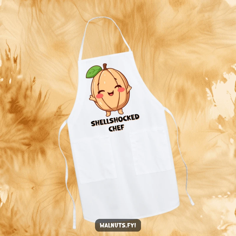 Funny Cooking Walnut Apron with a happy, smiling walnut character giving a friendly wink, ideal for kitchen fun.