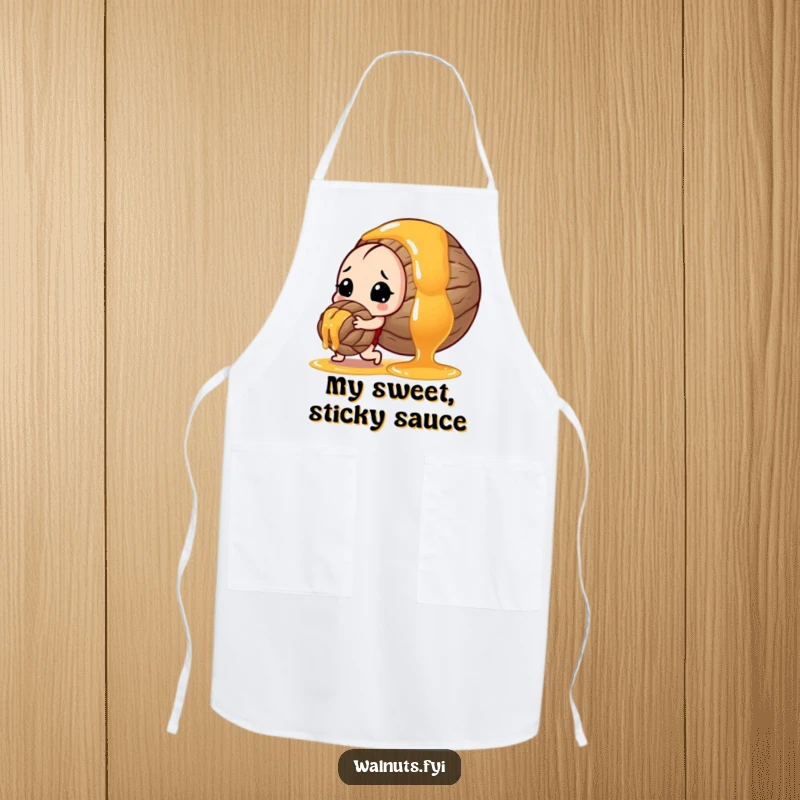 Funny apron illustration where a determined walnut is pushing a large, sticky drop of honey, ready for kitchen duty.