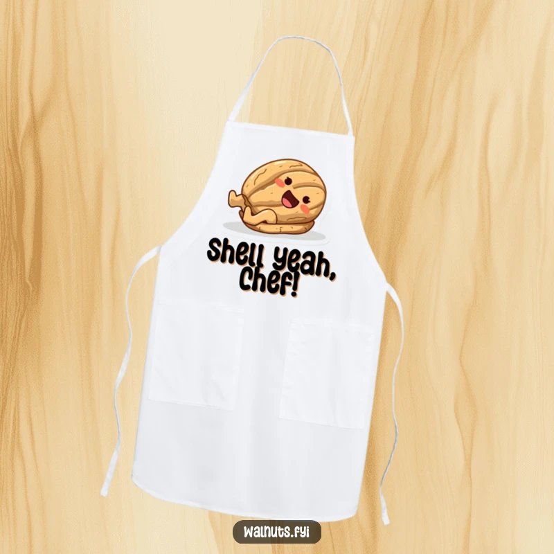 Funny apron illustrating a happy walnut character sliding smoothly on its shell, ready for kitchen duty.