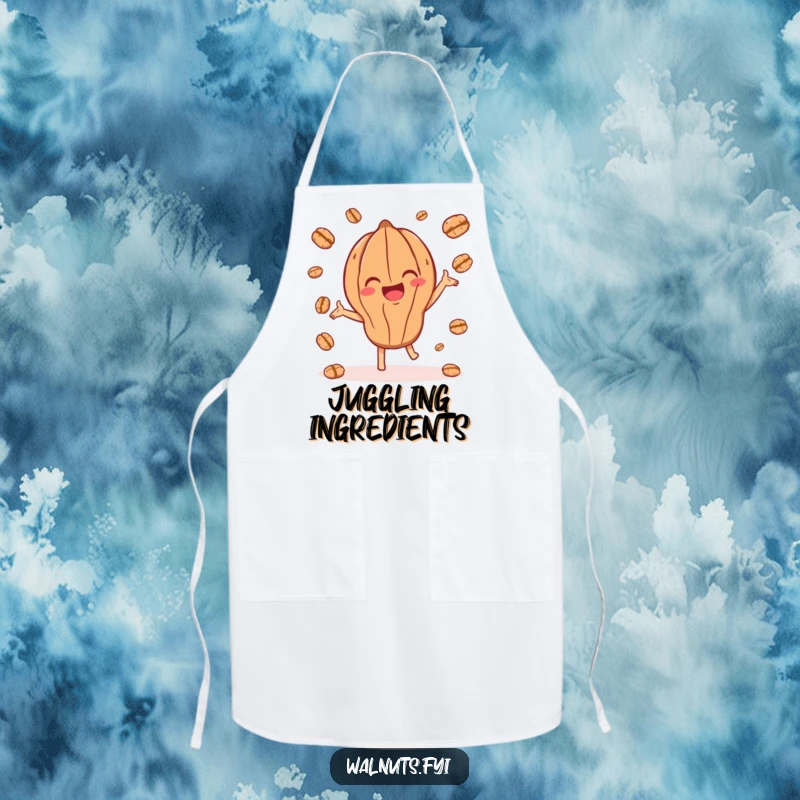 Funny kitchen apron showcasing a joyful walnut character playfully juggling smaller walnut pieces, perfect for cooking.