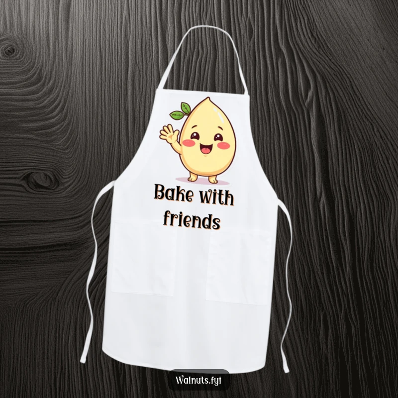 Funny Kawaii cashew apron showing a beaming character giving a friendly wave, perfect for adding cheer to cooking or hosting.