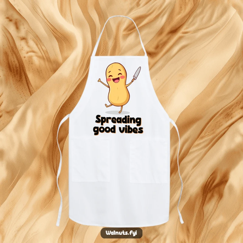 Funny apron of a joyful peanut dancing with a butter knife, perfect for kitchen fun and nutty culinary adventures.