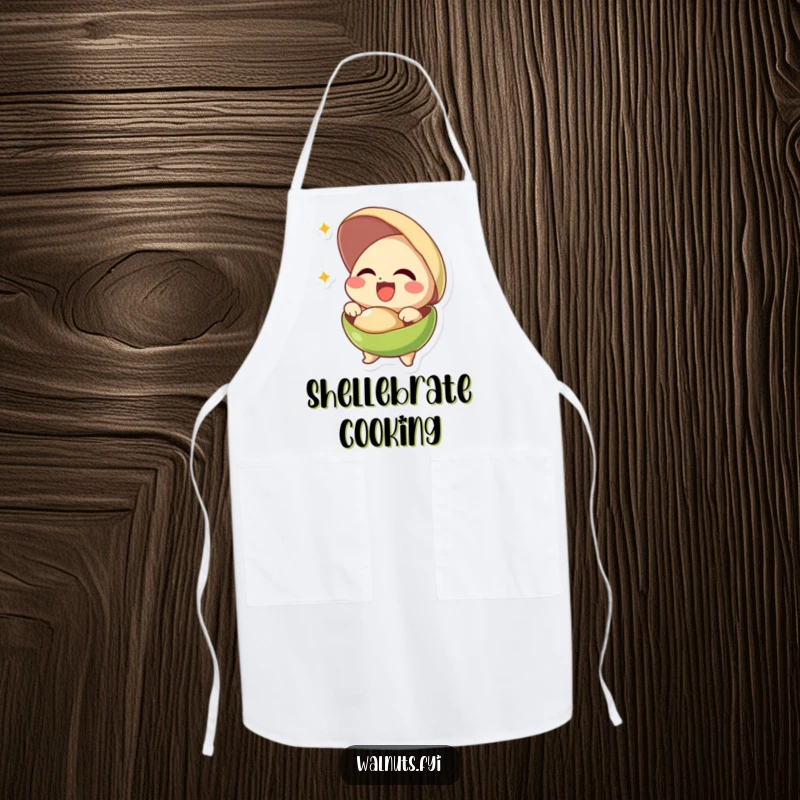 Funny apron with a giggling pistachio joyfully bursting out of its shell, perfect for kitchen fun.