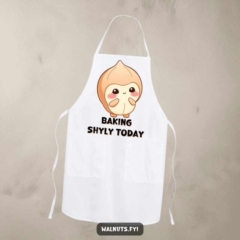 Funny apron with a blushing hazelnut shyly offering a small berry with a bashful smile, perfect for gentle kitchen tasks.