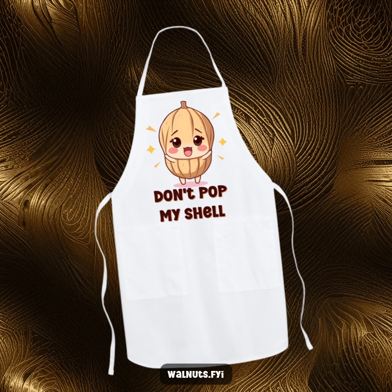 Funny apron featuring a surprised walnut recoiling from a pop, ideal for protecting clothes while adding a humorous touch to cooking.
