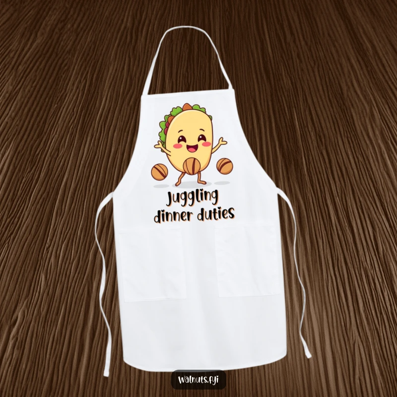 Funny kitchen apron featuring a smiling taco character juggling walnuts with its legs, perfect for cooks.