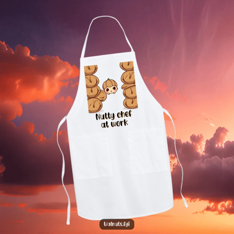 Funny walnut apron, a curious walnut peeking from behind a stack of walnuts. Humorous kitchen wear for the playful cook.