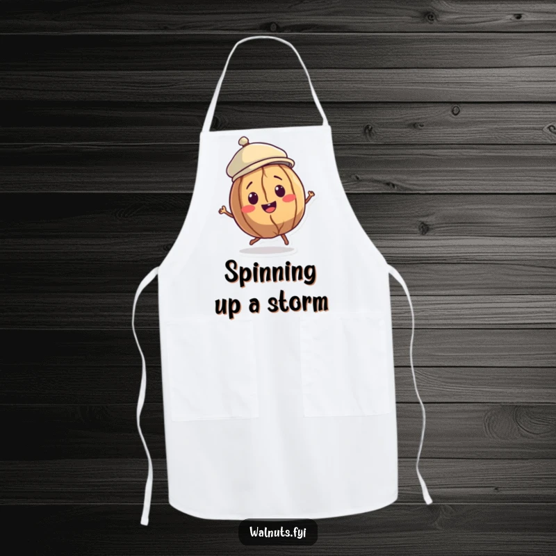 Funny Walnut Dancer Apron featuring a smiling walnut character in a jaunty cap, doing a little spin, perfect for adding fun to cooking.