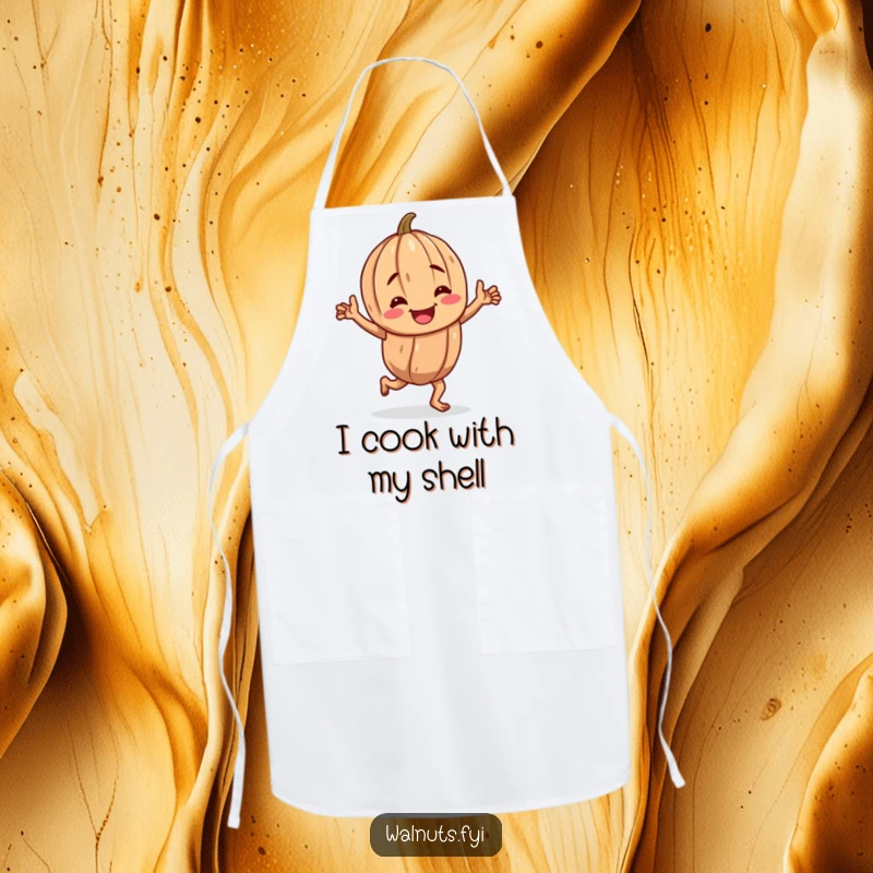 Funny kitchen apron showcasing a cheerful, gnarled walnut character doing a happy jig, perfect for baking fun.