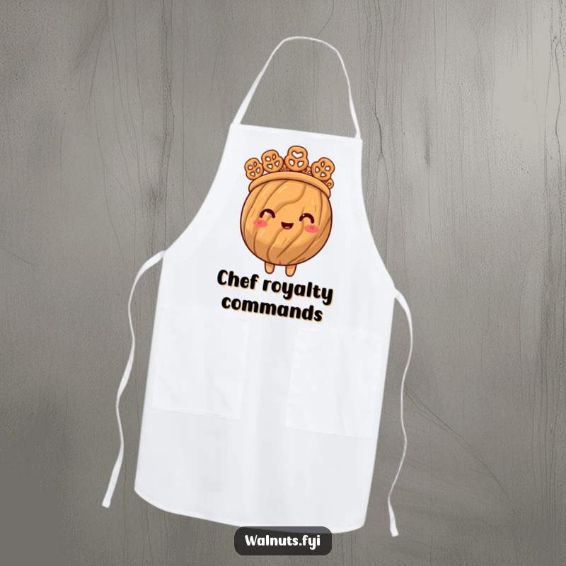 Funny apron illustration of a proud walnut wearing a crown made from miniature pretzel bites, ready for culinary command.