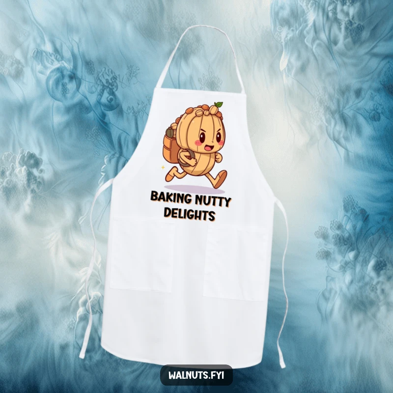 Funny apron showcasing a determined walnut character running with a nut-filled backpack, ready for kitchen challenges.