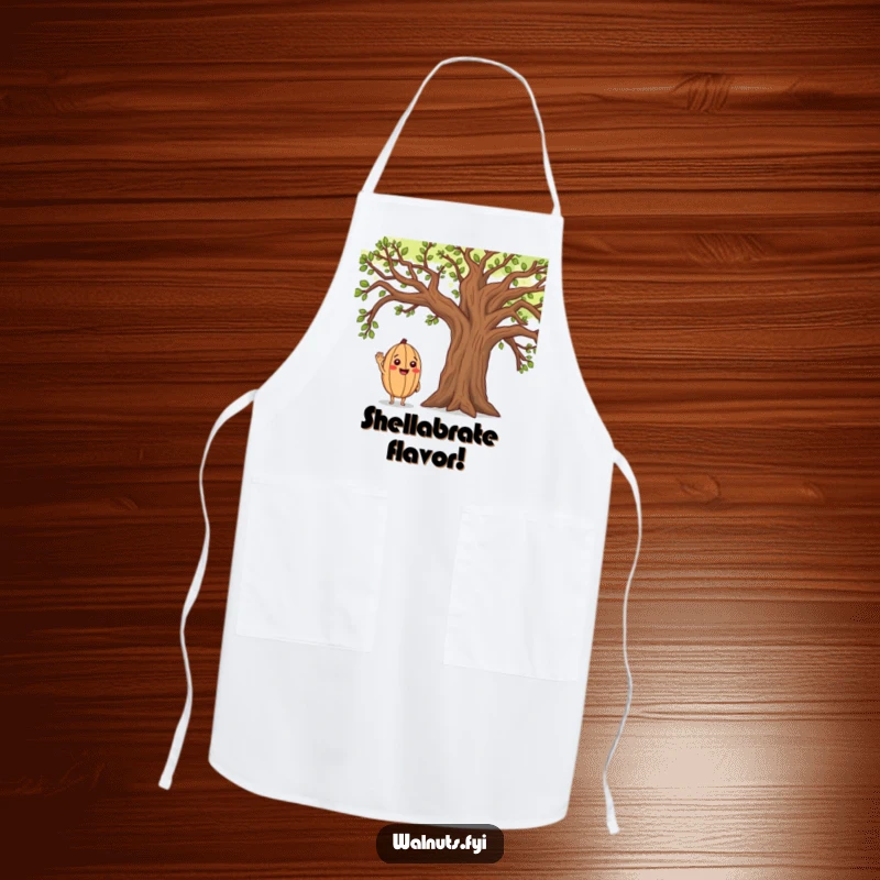 Funny apron with a cheerful walnut character saluting a big oak tree, perfect for adding humor to cooking and baking.