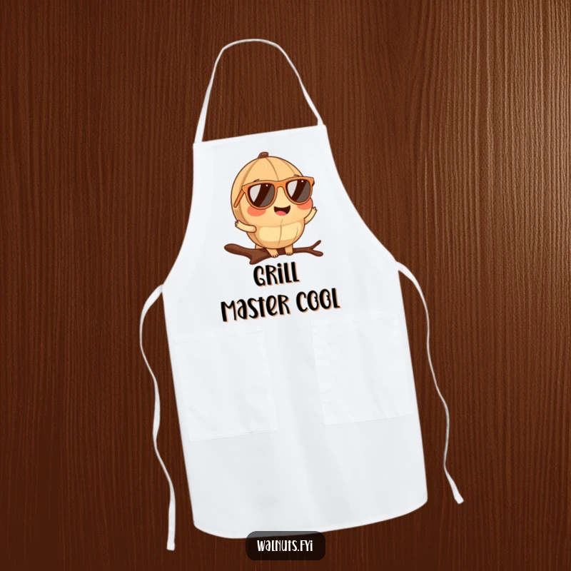 Durable funny walnut sunglasses apron showing a cool walnut posing on a branch, ideal for a stylish kitchen.