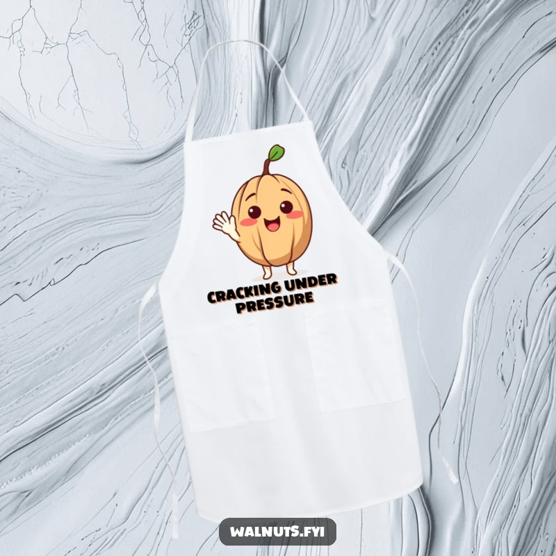 Funny apron depicting a delighted walnut character waving hello, perfect for adding humor to cooking and baking.
