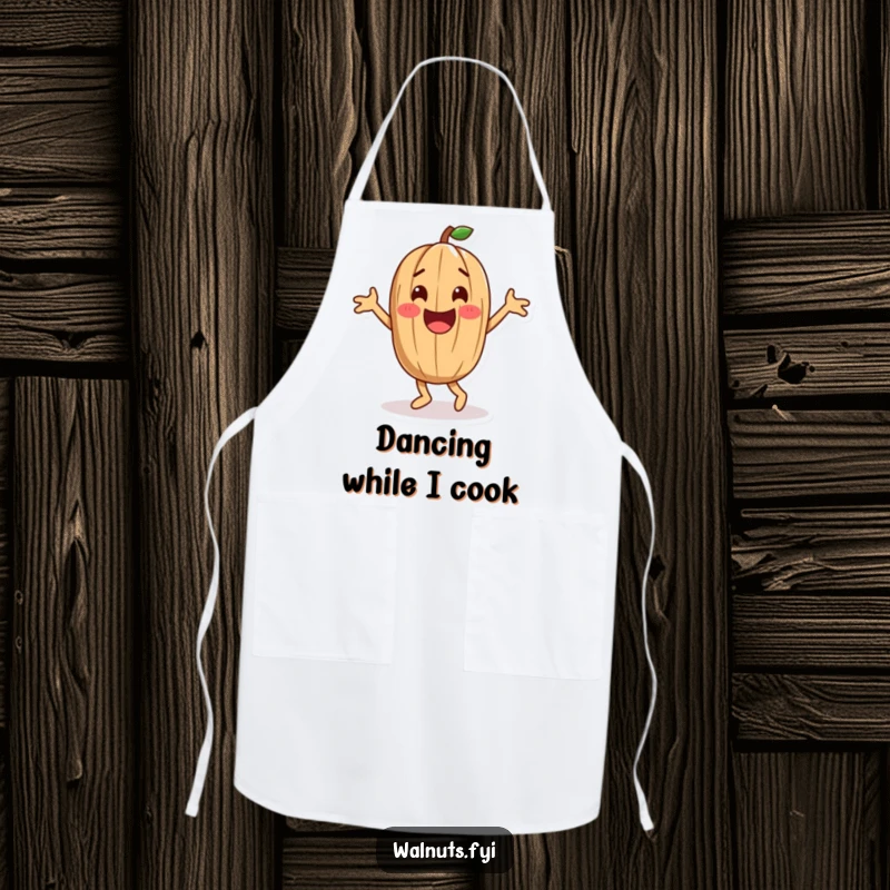 Funny playful walnut character doing a happy dance, a humorous apron for cooking and kitchen fun.