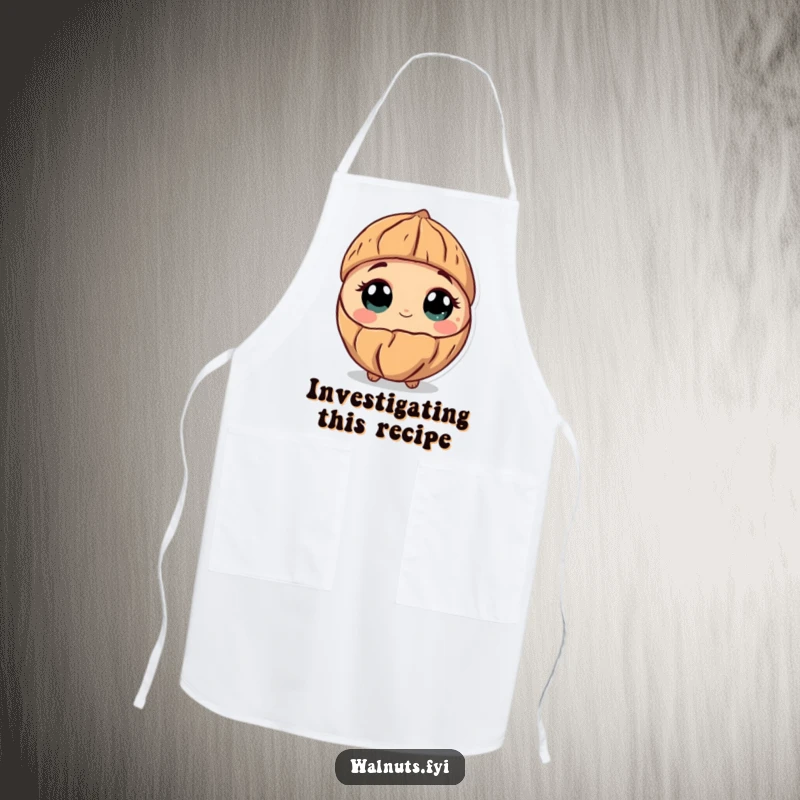 Funny apron illustrated with a curious walnut tilting its shell, its wide eyes conveying a sense of wonder in the kitchen.