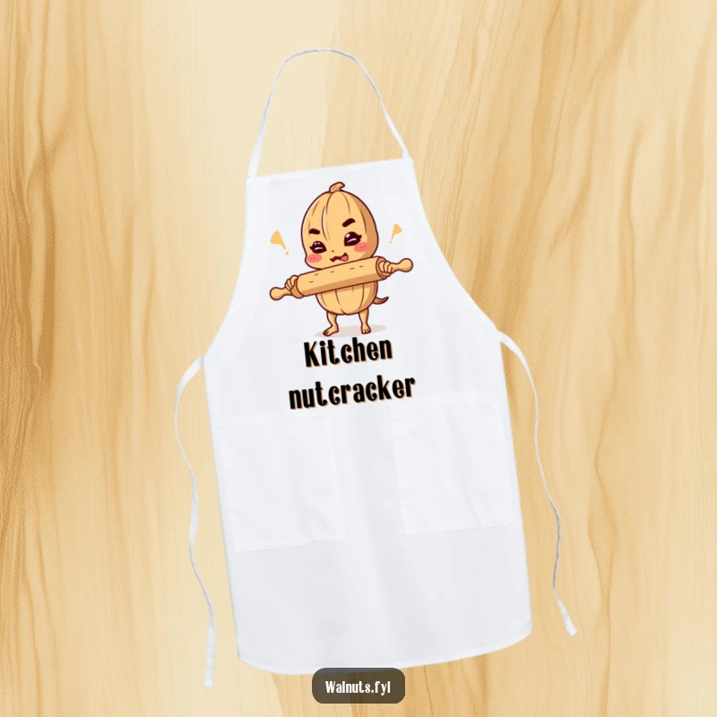 Funny apron depicting a determined walnut comedian balancing a rolling pin and telling a joke, great for kitchen fun.