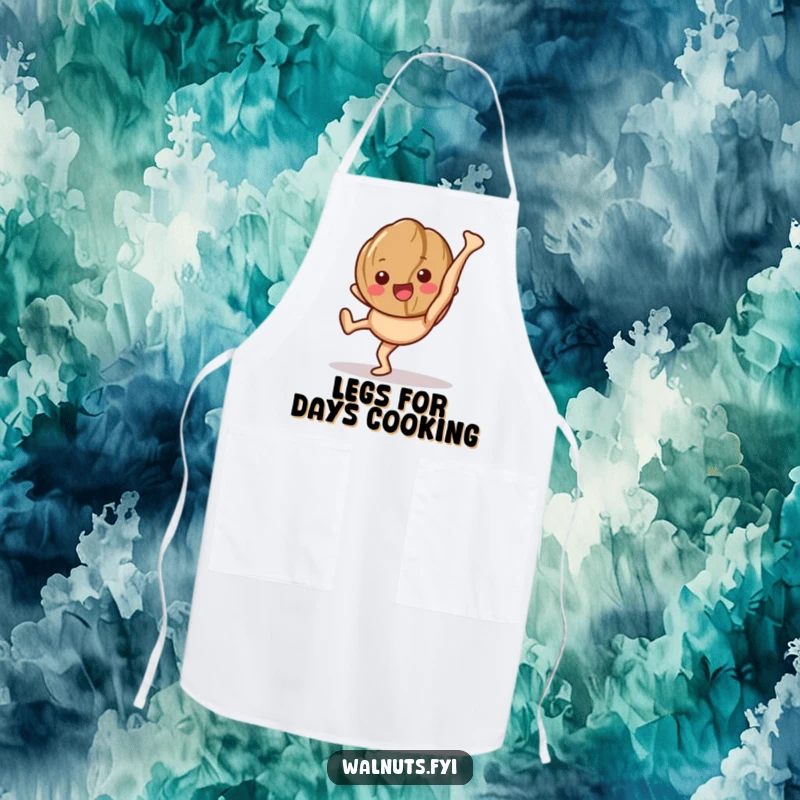 Funny apron showing a happy walnut character performing a cartwheel, displaying its legs.