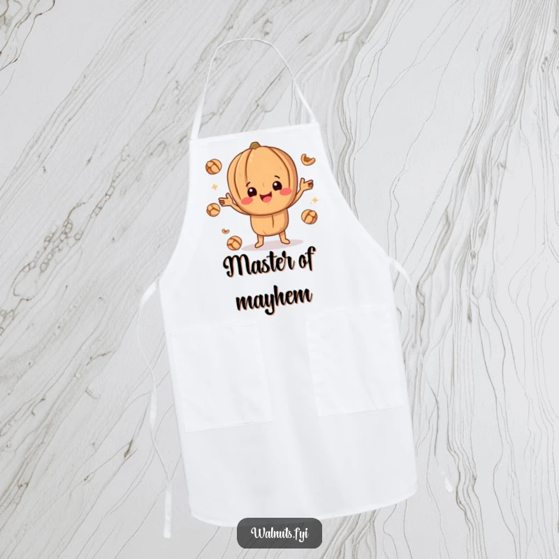 Funny happy walnut character juggling smaller walnut pieces while wearing a chef's hat, a humorous apron for cooking.