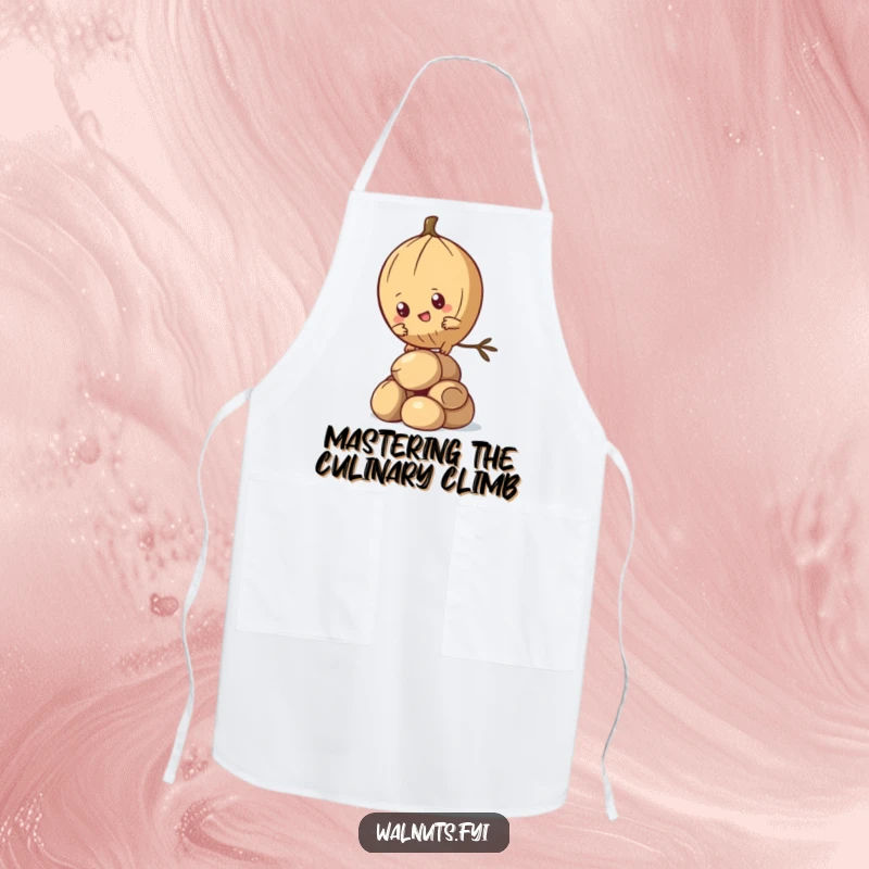 Funny Kawaii Pine Nut Apron showing a determined character climbing nuts, perfect for tackling kitchen tasks with humor. Great funny gift.