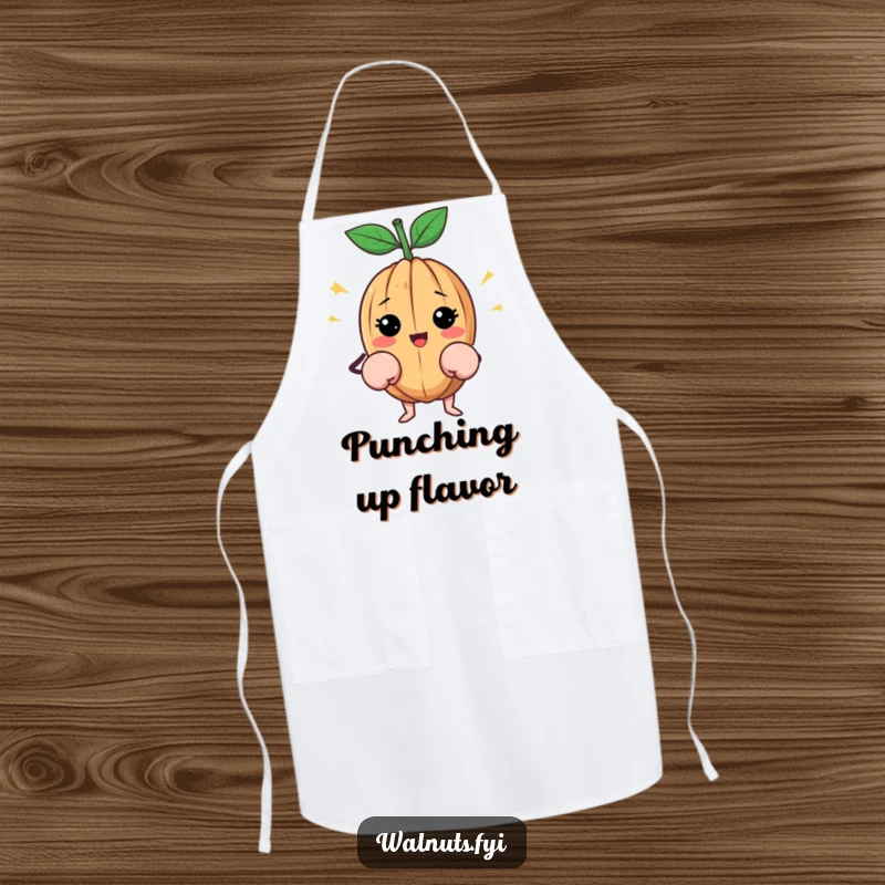 Funny Walnut Apron: Happy walnut wearing tiny boxing gloves, great for cooking and fighting cravings, funny gift.