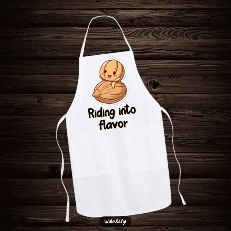 Funny apron showing a delighted walnut character beaming while riding on a stylized nut.