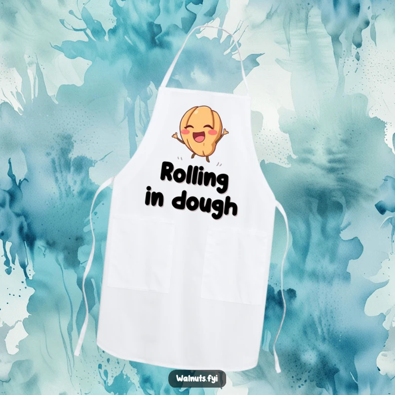 Durable funny kawaii walnut apron showing a laughing walnut rolling downhill energetically, great for kitchen use.