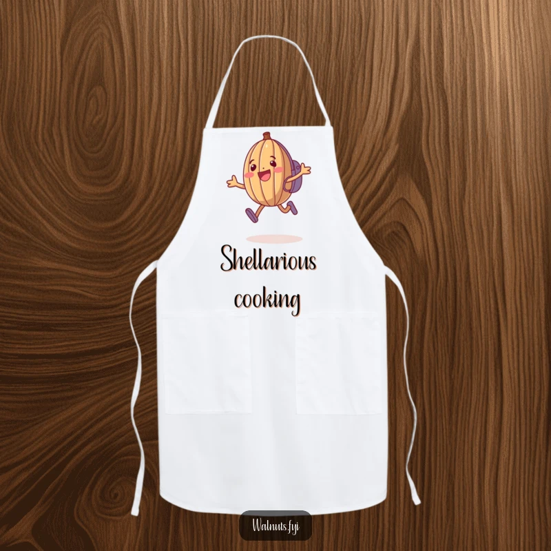 Funny Walnut Apron: Happy anthropomorphic walnut jumps with backpack, humorous kitchen wear.