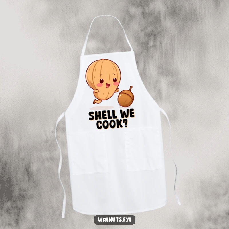 Funny Kawaii walnut apron, showing a determined walnut hilariously chasing a rolling acorn, perfect for kitchen humor.