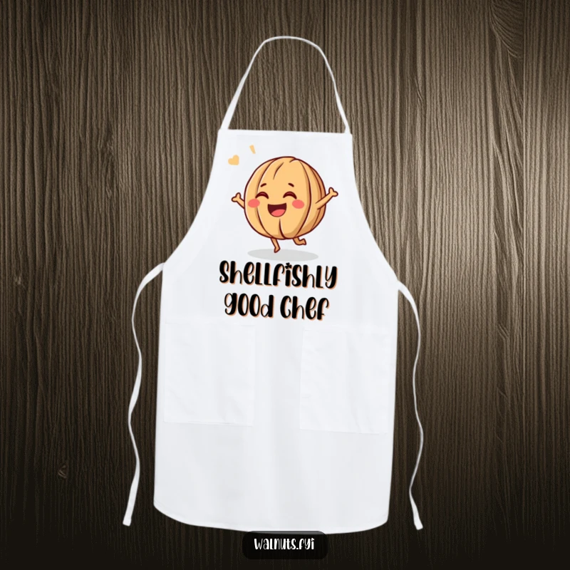 Funny apron adorned with a giggling walnut character bouncing with glee, its cheerful grin ready for kitchen fun.