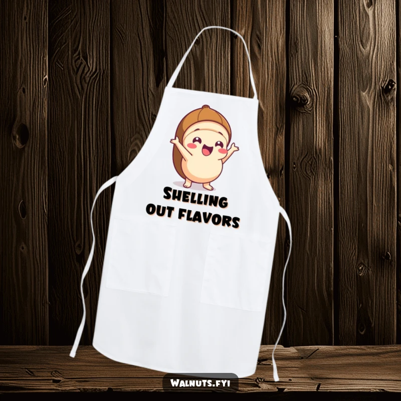 Funny Kawaii hazelnut apron showing an excited character popping out of its shell, perfect for adding animated flair to cooking.