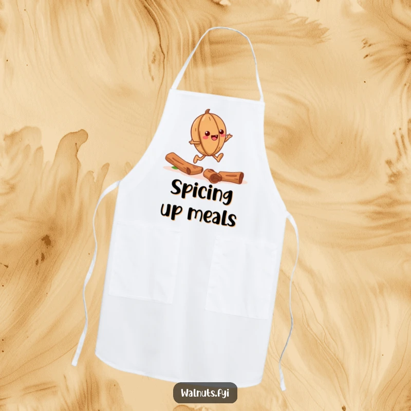 Funny apron illustration of a laughing walnut skipping down a path made of cinnamon sticks, ready for culinary adventures.