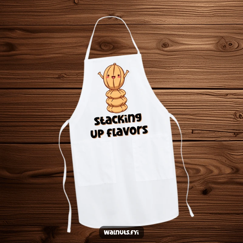 Funny Kawaii Walnut Balance Apron: A cartoon walnut demonstrates perfect balance atop a nut tower, ready to assist in the kitchen with humor.