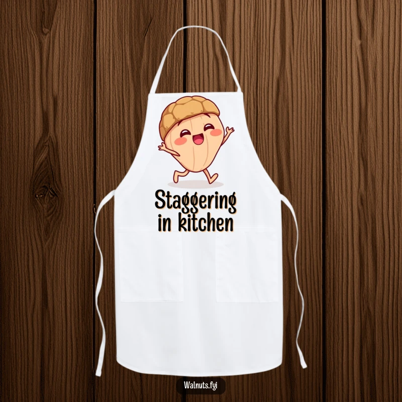Funny kitchen apron showcasing a giggling walnut character doing a funny little stagger, great for cooking.
