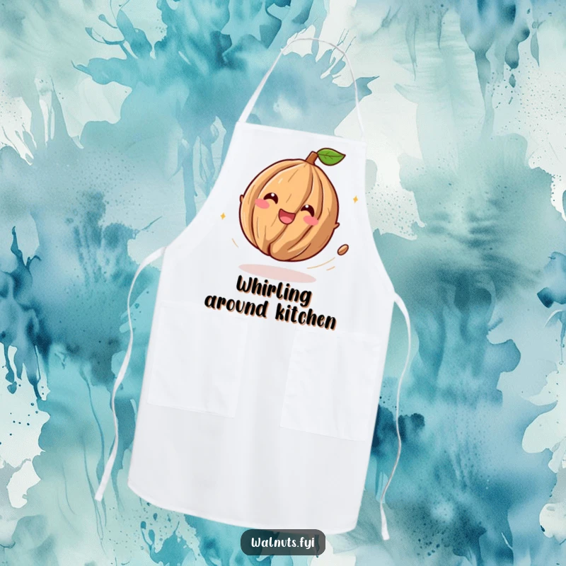 Funny apron adorned with a playful walnut character spinning with delight, leaving a trail of mirth and kitchen fun.