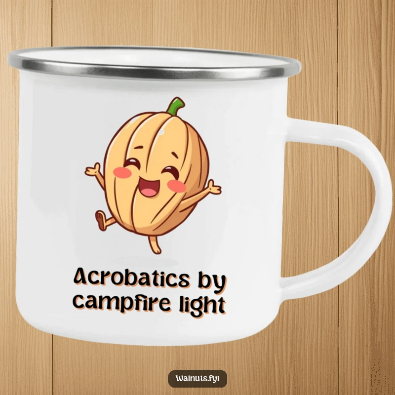 Funny camping mug with a cheerful walnut character doing a happy flip, durable and humorous for outdoor use.