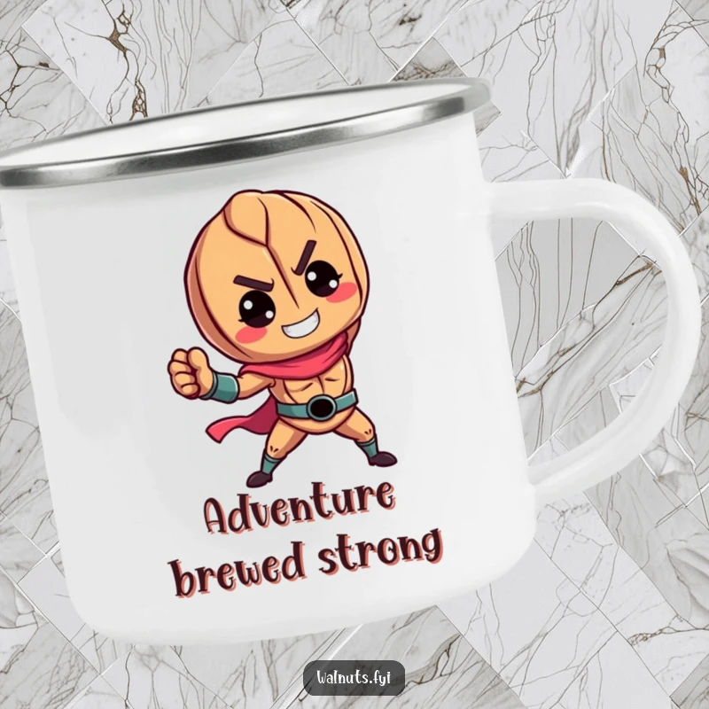 Funny camping mug with a vibrant walnut character in a heroic pose, ideal for outdoor adventures and hot beverages.