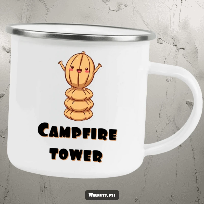 Funny Kawaii Walnut Balance Camping Mug: A rugged cartoon walnut skillfully balances on a stack of nuts, ready for campfire stories and laughs.