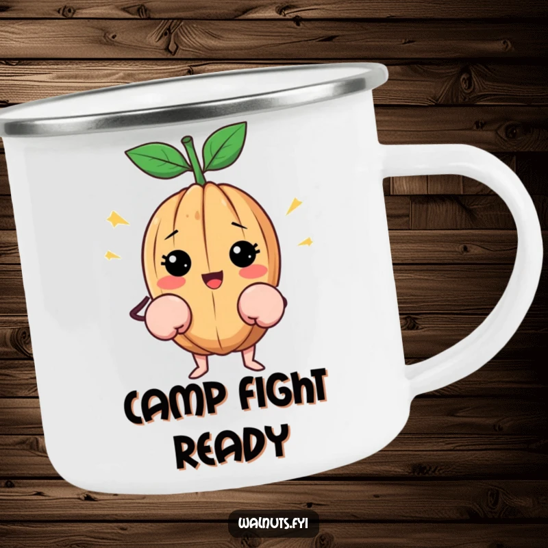 Funny Walnut Camping Mug: Happy walnut wearing tiny boxing gloves, great for outdoor challenges, funny gift.
