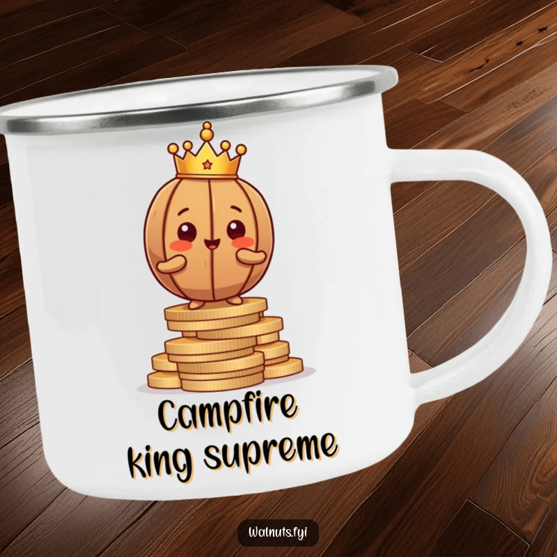 Funny brown walnut character with a crown, sitting proudly on coins inside a camping mug, ready for adventure.