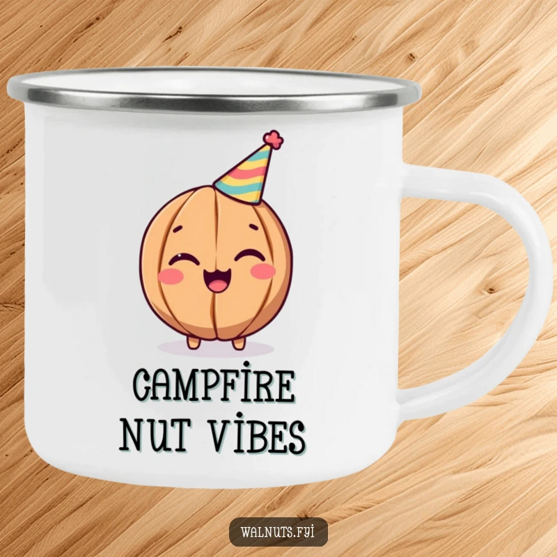 Funny Walnut Camping Mug: Cheerful winking walnut in a party hat, great for outdoor celebrations, funny gift.