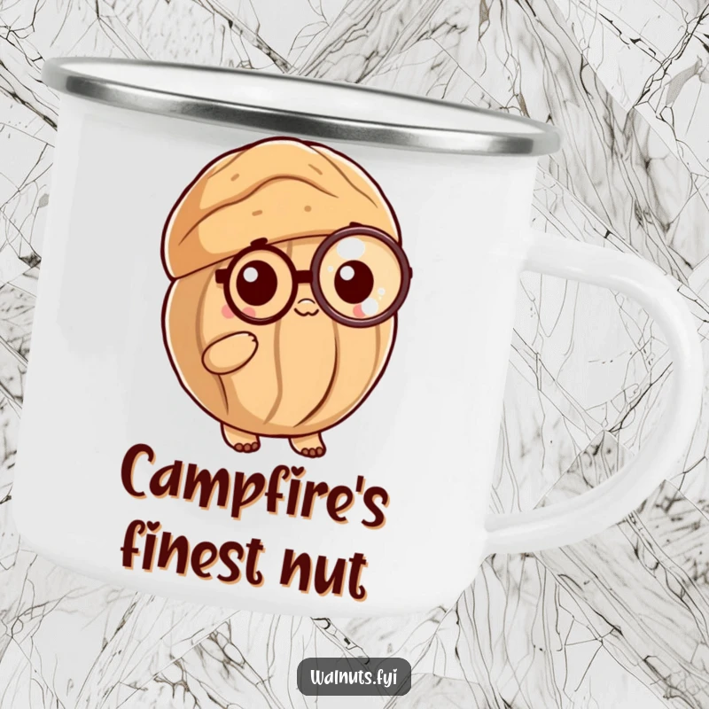 Funny Posh Walnut Camping Mug: A sophisticated walnut shell with a monocle, designed for outdoor adventures and classy sipping.