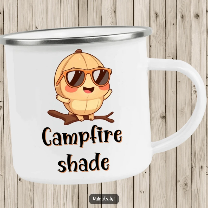 Sturdy funny walnut sunglasses camping mug showing a cool walnut posing on a branch, built for outdoor charm.