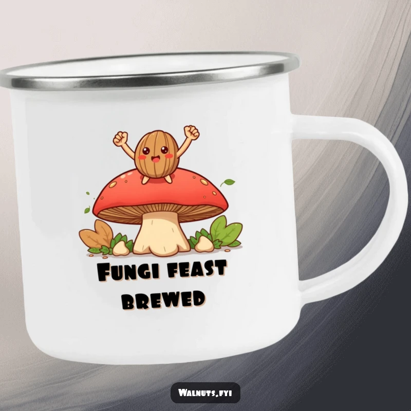 Funny smiling walnut character triumphantly perched on a large mushroom on this durable and humorous camping mug.