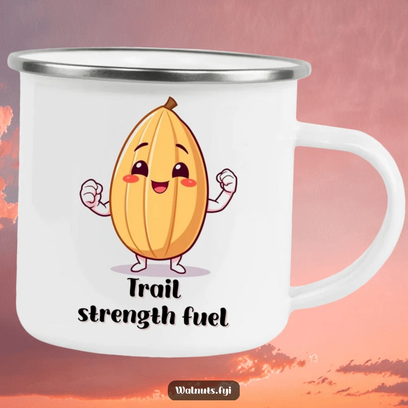 Funny Almond Flex Camping Mug with a smiling almond flexing a small muscle, ready for any challenge.